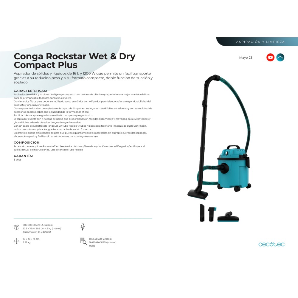 Aspirador de sólidos y líquidos Conga Rockstar Wet & Dry Compact Plus