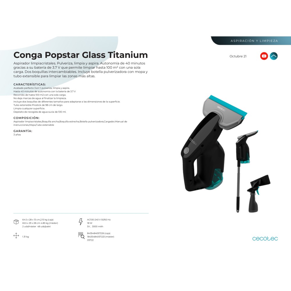 Aspirador limpiacristales Conga Popstar Glass Titanium