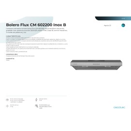 Campana Bolero Flux CM 602200 Inox B 60 cms ancho y potencia 220 m3/h