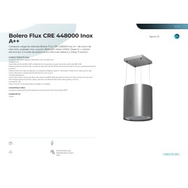 Campana Bolero Flux CRE 448000 Inox A++ 44 cms ancho y potencia 800 m3/h