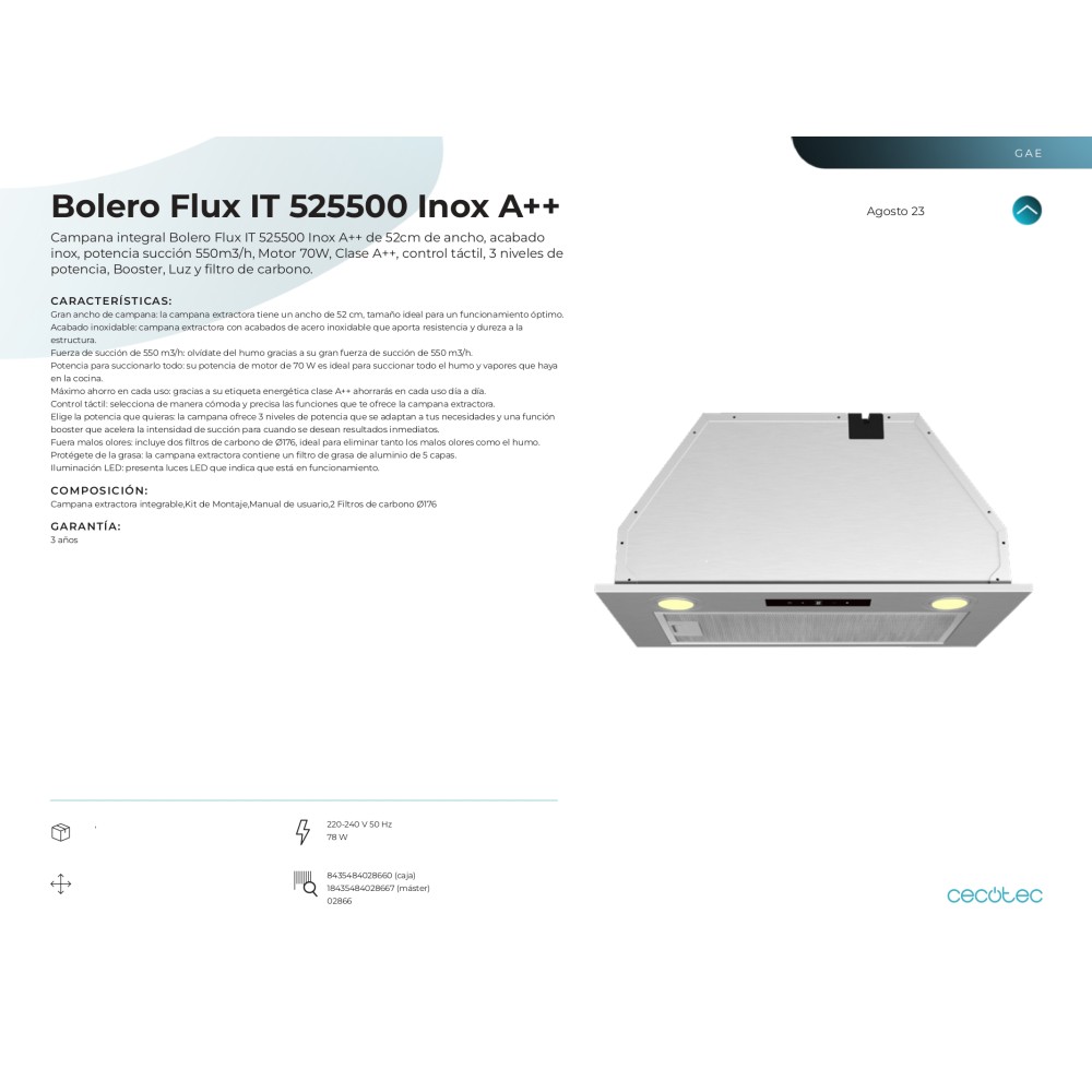 Campana Bolero Flux IT 525500 Inox A++ 52 cms ancho y potencia 550 m3/h