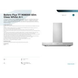 Campana Bolero Flux TT 908000 Slim Glass White A++ 90 cms ancho y potencia 800 m3/h