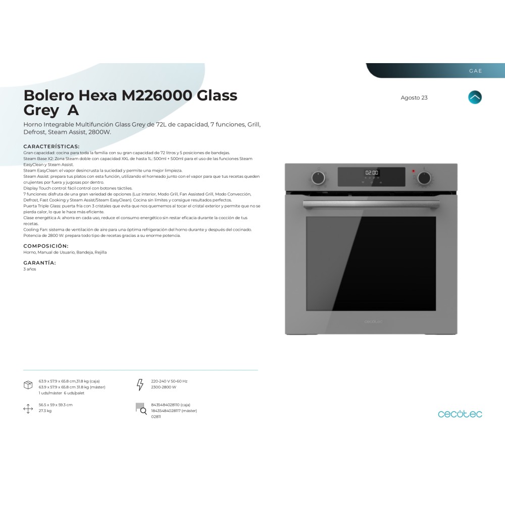 Horno integrable Bolero Hexa M226000 Glass Grey A
