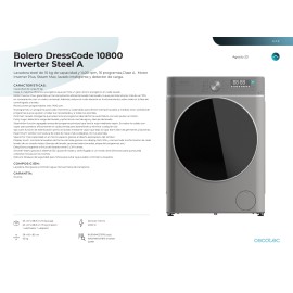 Lavadora 10 kgs capacidad Bolero DressCode 10800 Inverter Steel A