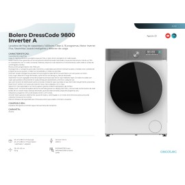 Lavadora 9 kgs capacidad Bolero DressCode 9800 Inverter A