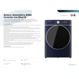 Lavadora y secadora 8 kgs capacidad  Bolero Wash&Dry 8580 Inverter Ice Blue B