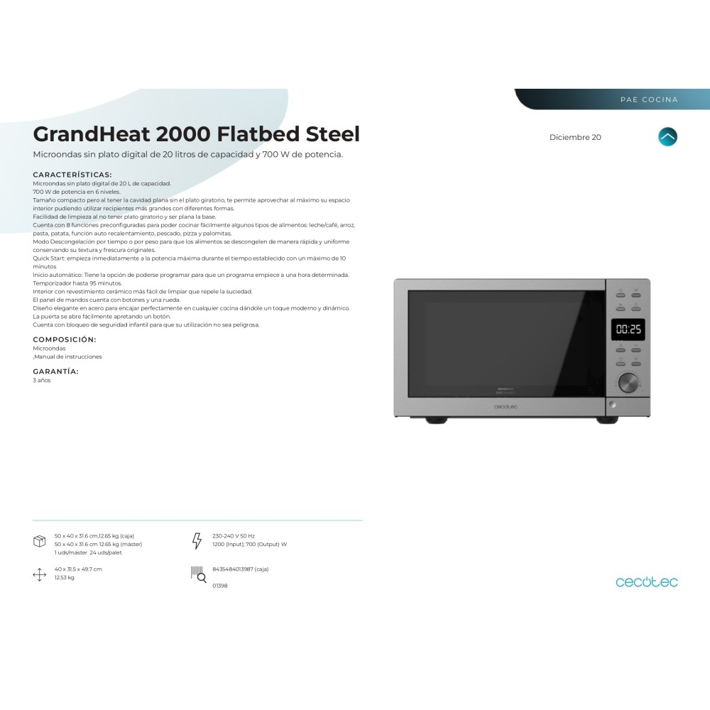 Microondas sin plato GrandHeat 2000 Flatbed Steel