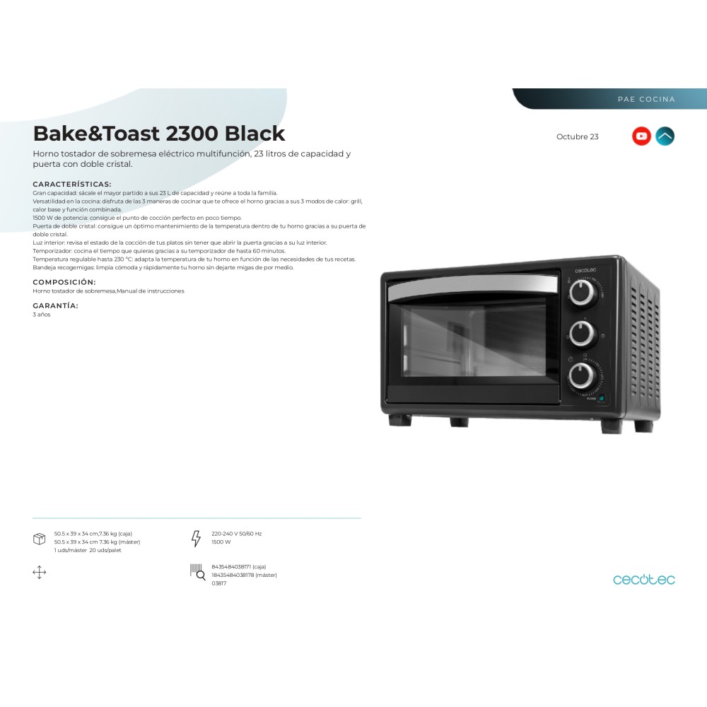 Horno de sobremesa Bake&Toast 2300 Black